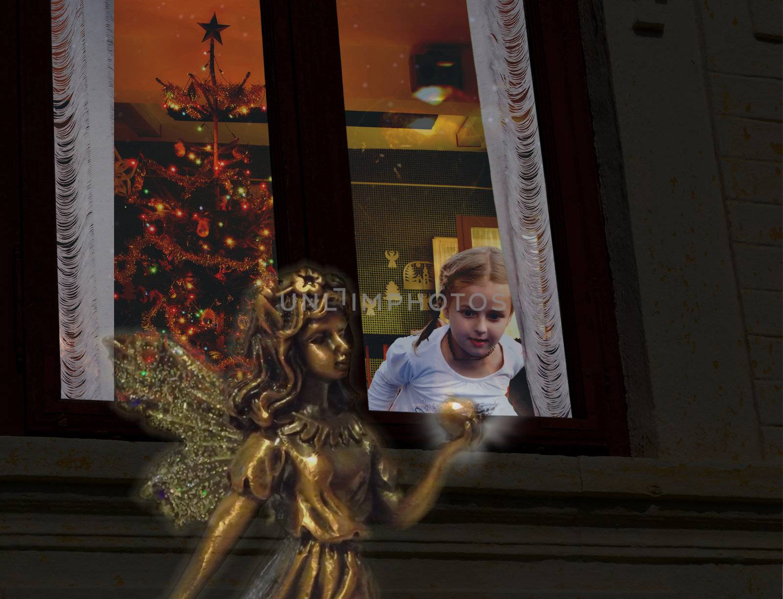 Little girl looking out of the window on Christmas Eve, seeing a glittering fairy holding a glowing apple.