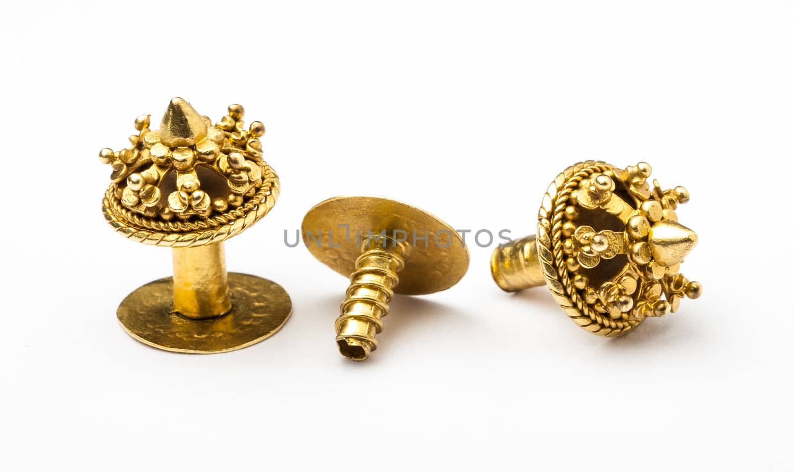 These antique golden earrings in Lanna-Burmese style are over 120 years. It is the value heritage from ancestor to new generation of Lanna (Nothern Thai) family. These earrings are very rare to see in the recent. The technical and design of this ornament is very unique.
