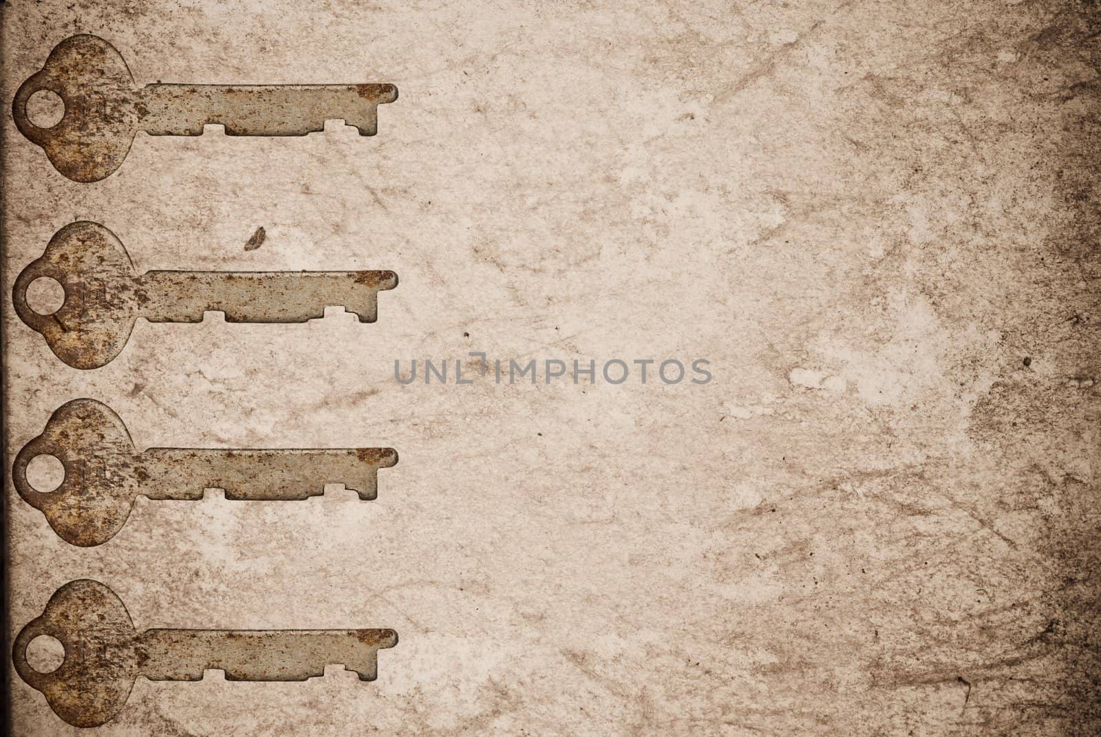 Rusty keys on old paper background with blended layers
