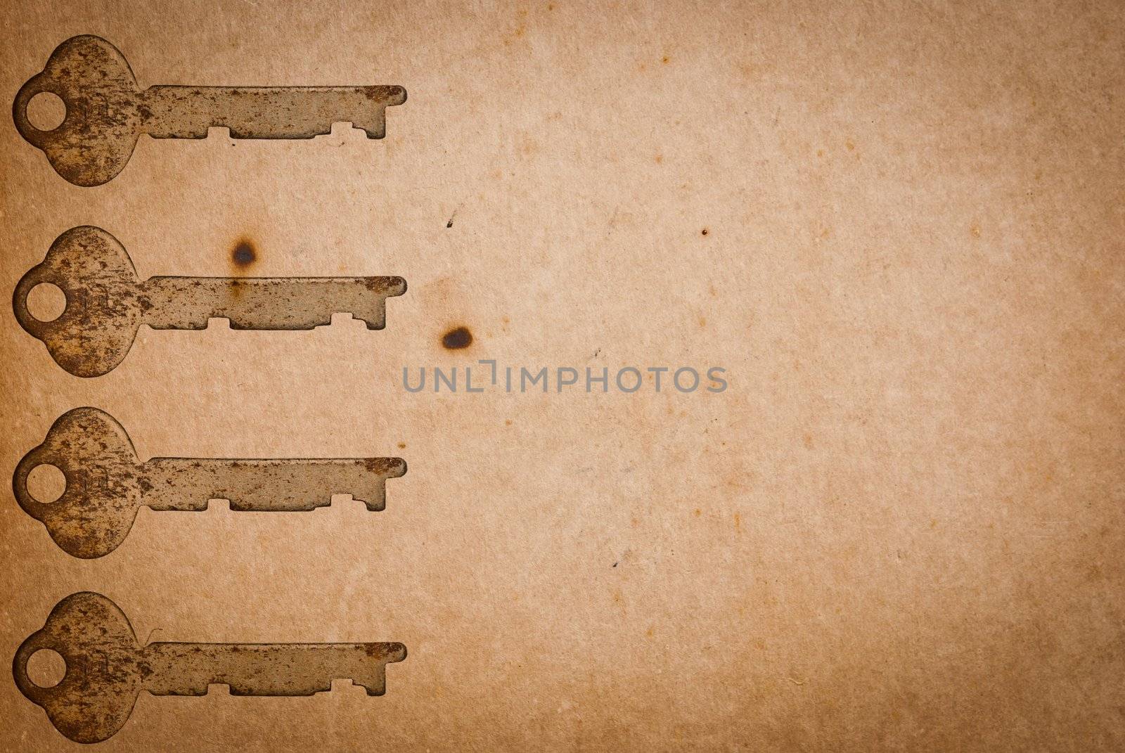 Rusty keys on old paper background with blended layers
