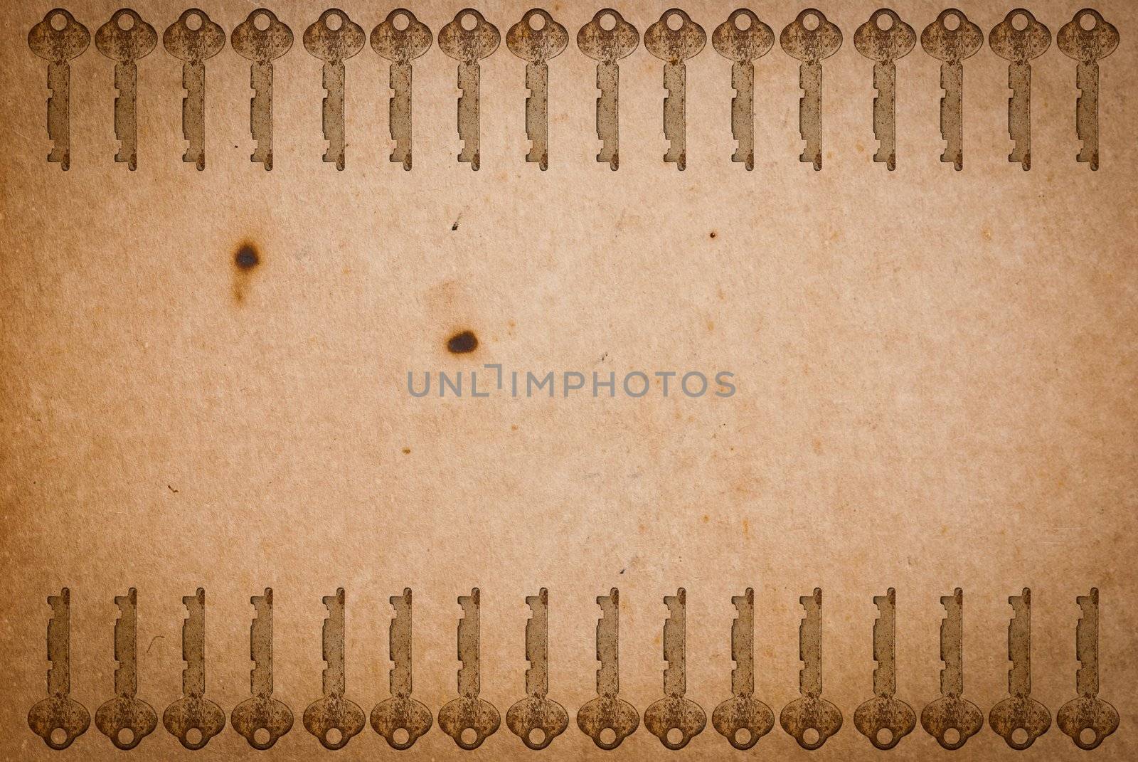 Rusty keys on old paper background with blended layers
