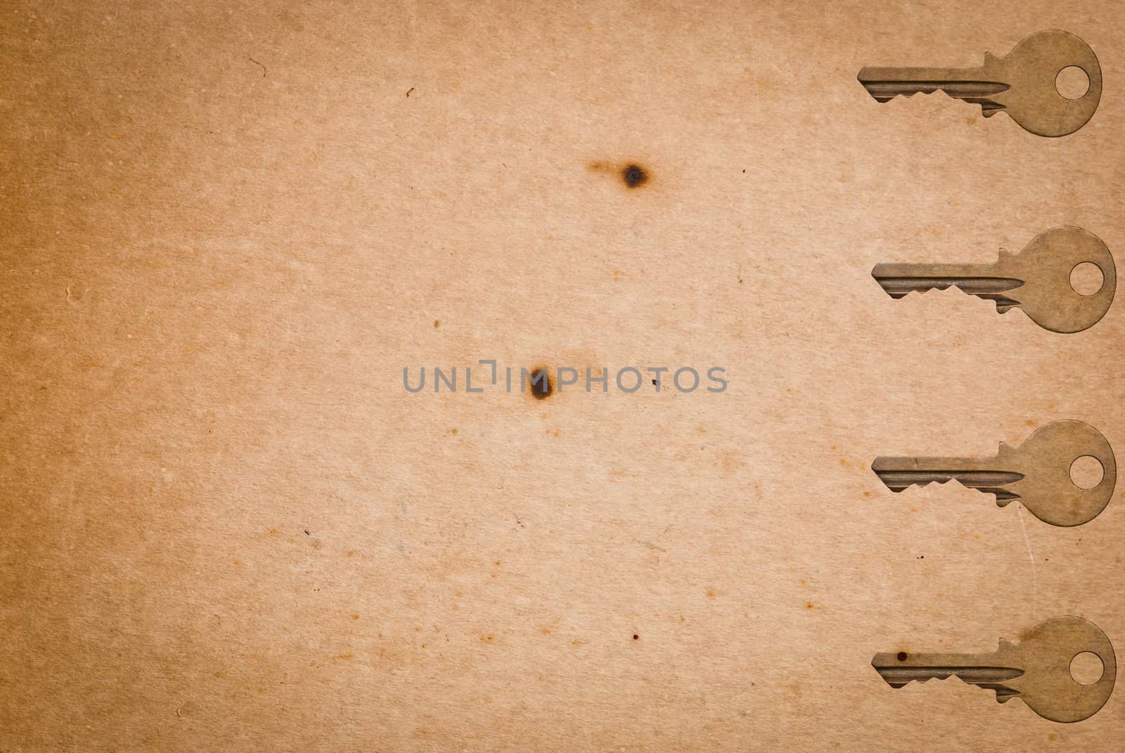 Rusty keys on old paper background with blended layers
