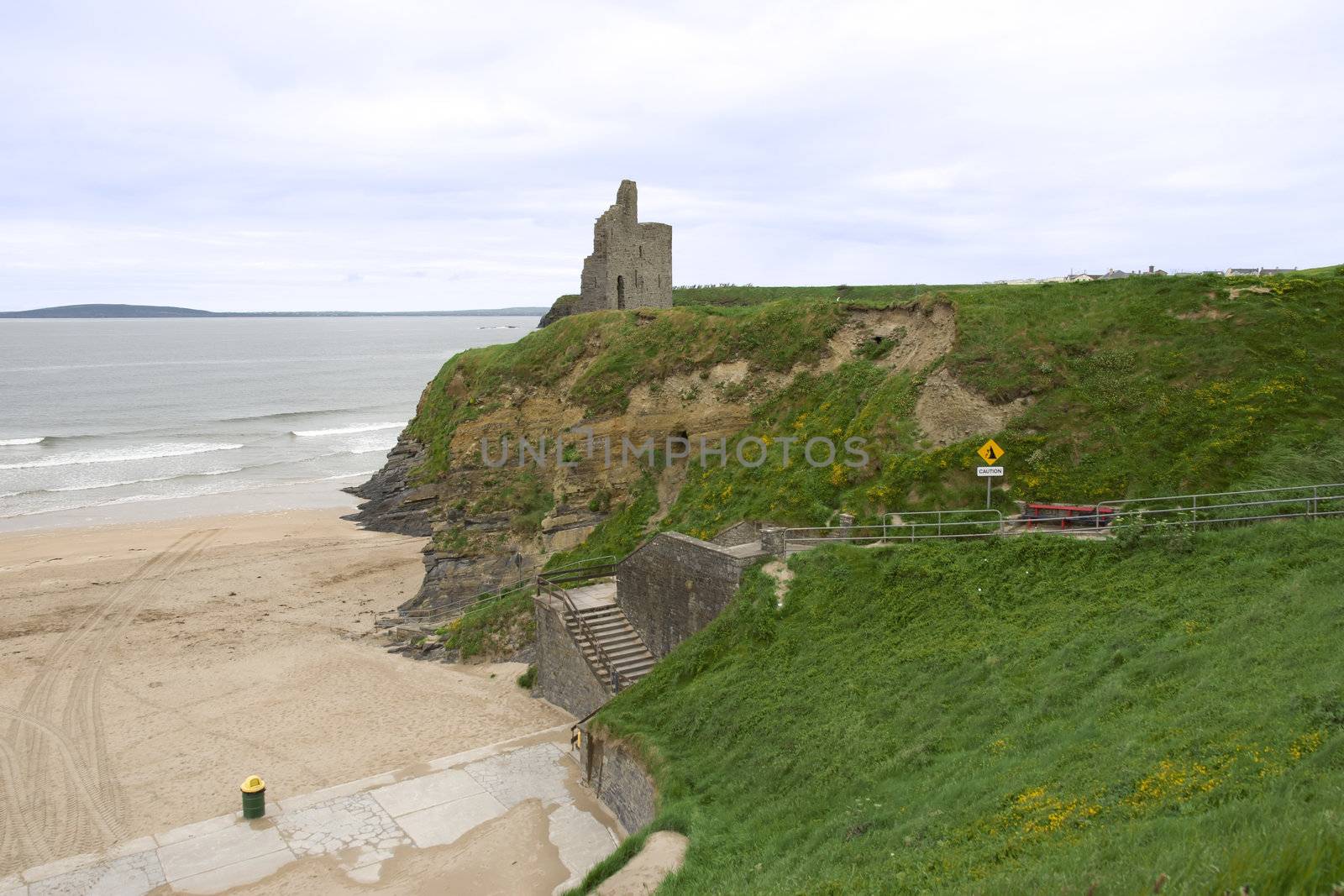 Ballybunion castle and steps to the beach at an Irish seaside resort