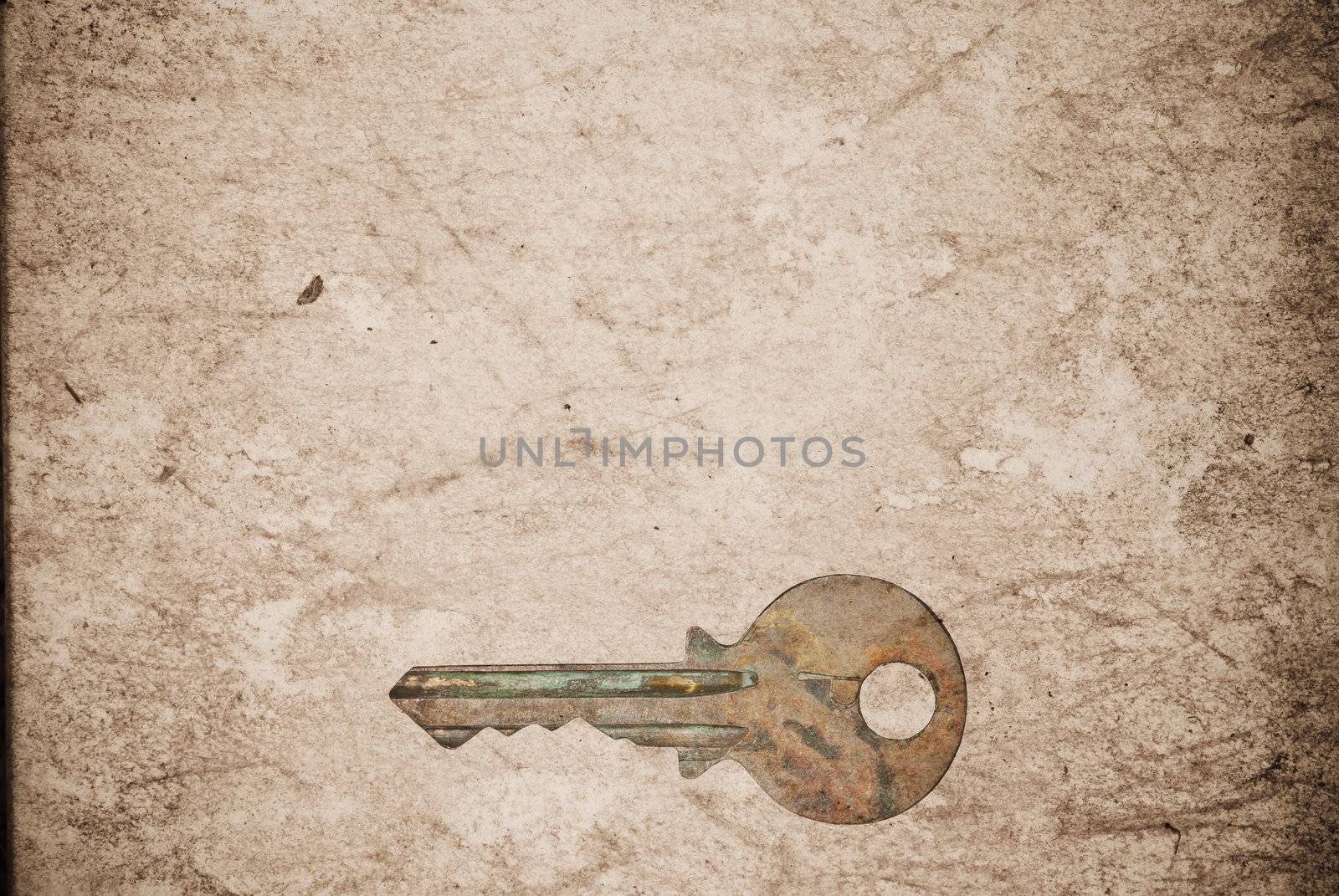 Rusty keys on old paper background with blended layers