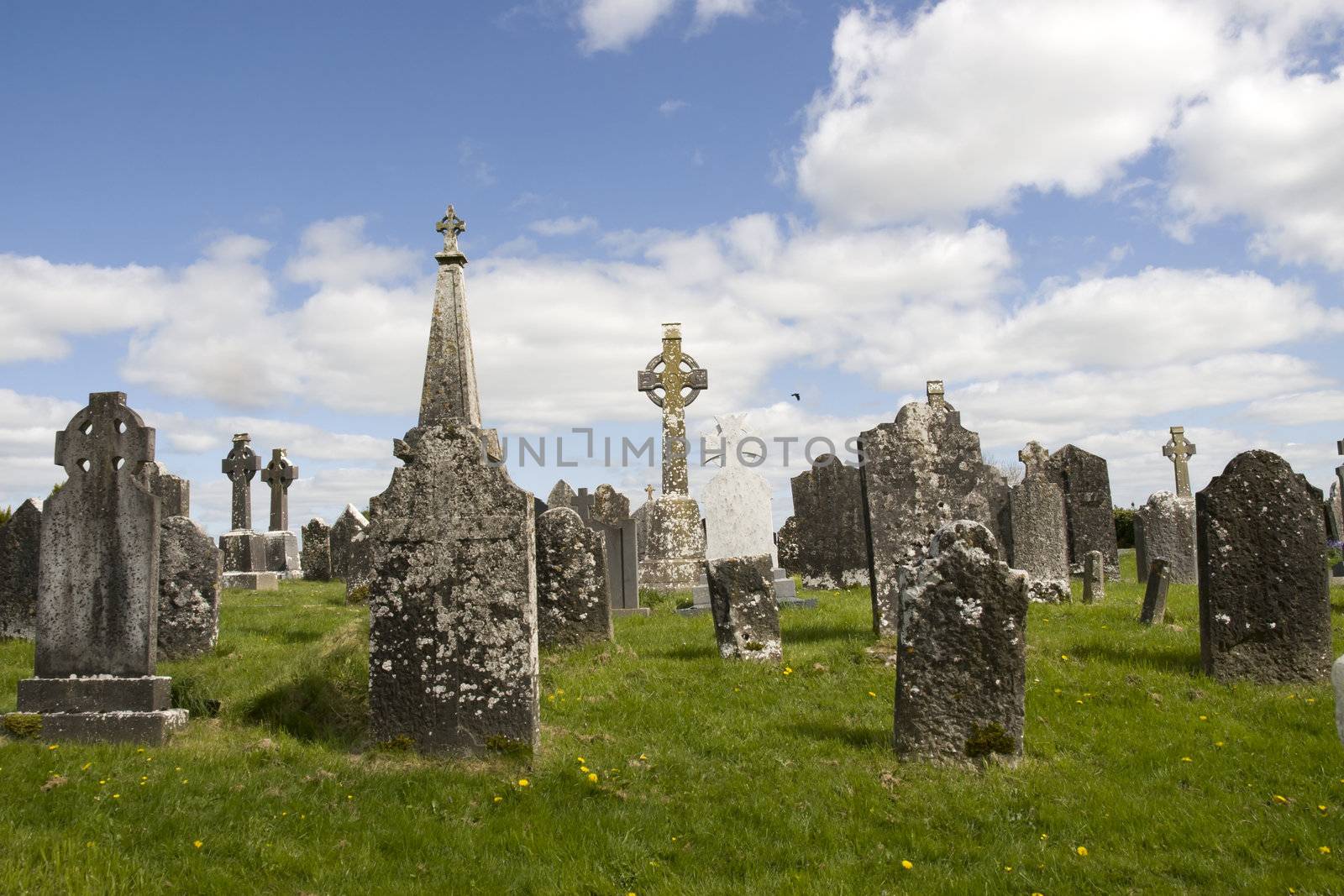 old ancient Celtic graveyard with unmarked gravestones in Ireland