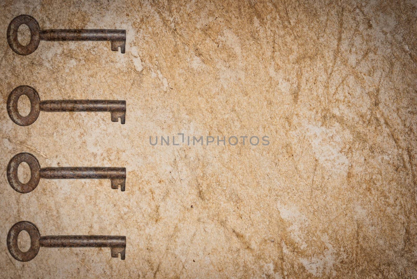 Rusty keys on old paper background with blended layers
