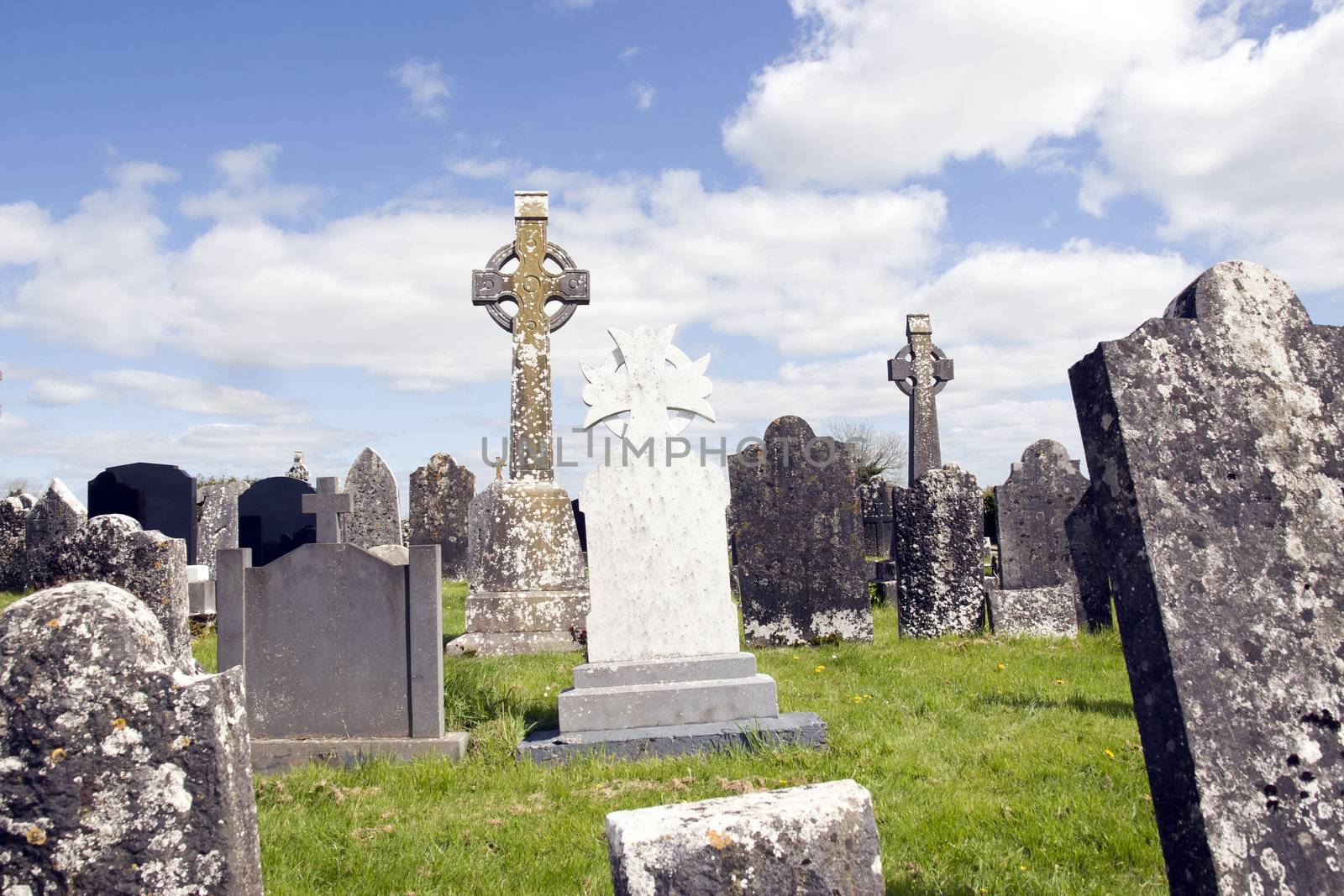 old ancient Celtic graveyard with unmarked gravestones in Ireland