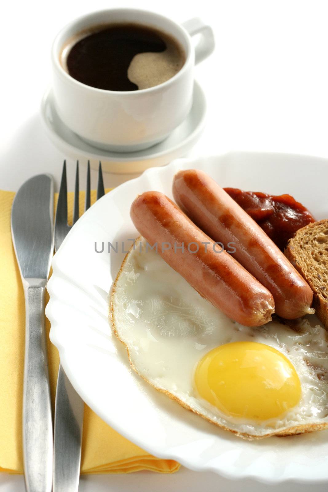 sausage with egg and a cup of coffee by nataliamylova