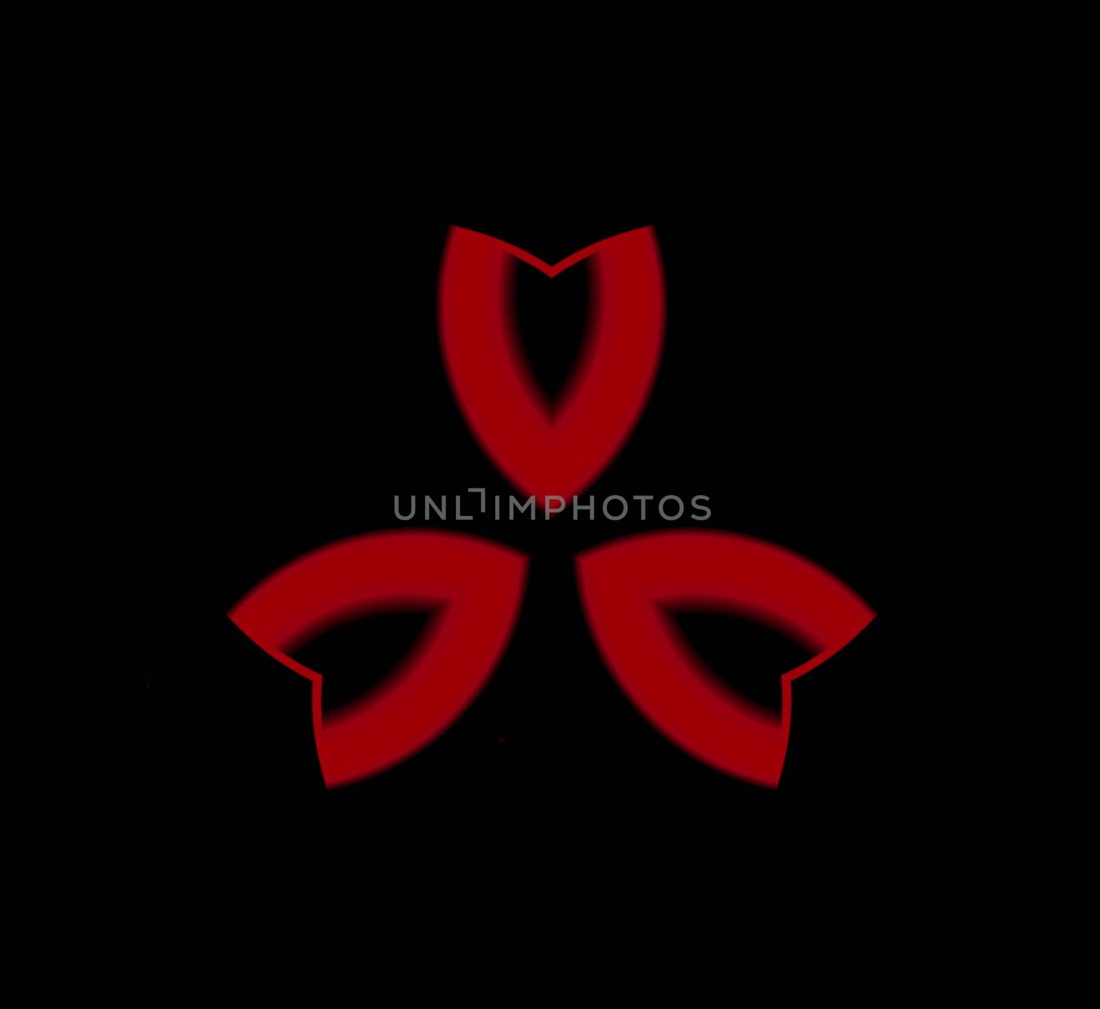 An abstract illustration done in red on a black background. It has three leaf shaped elements with a vee shaped tip to the ends of the leaves to give a more contemporary sleeker look to the design.