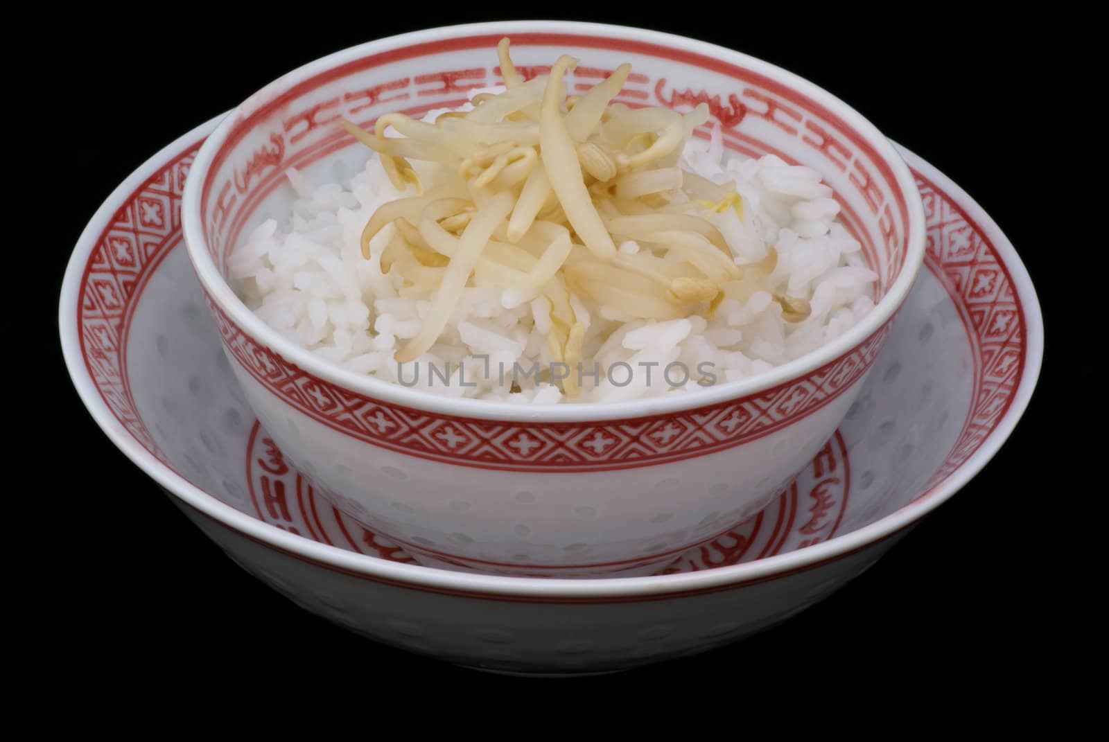 Two chinese bowls with rice and bean-sprouts.