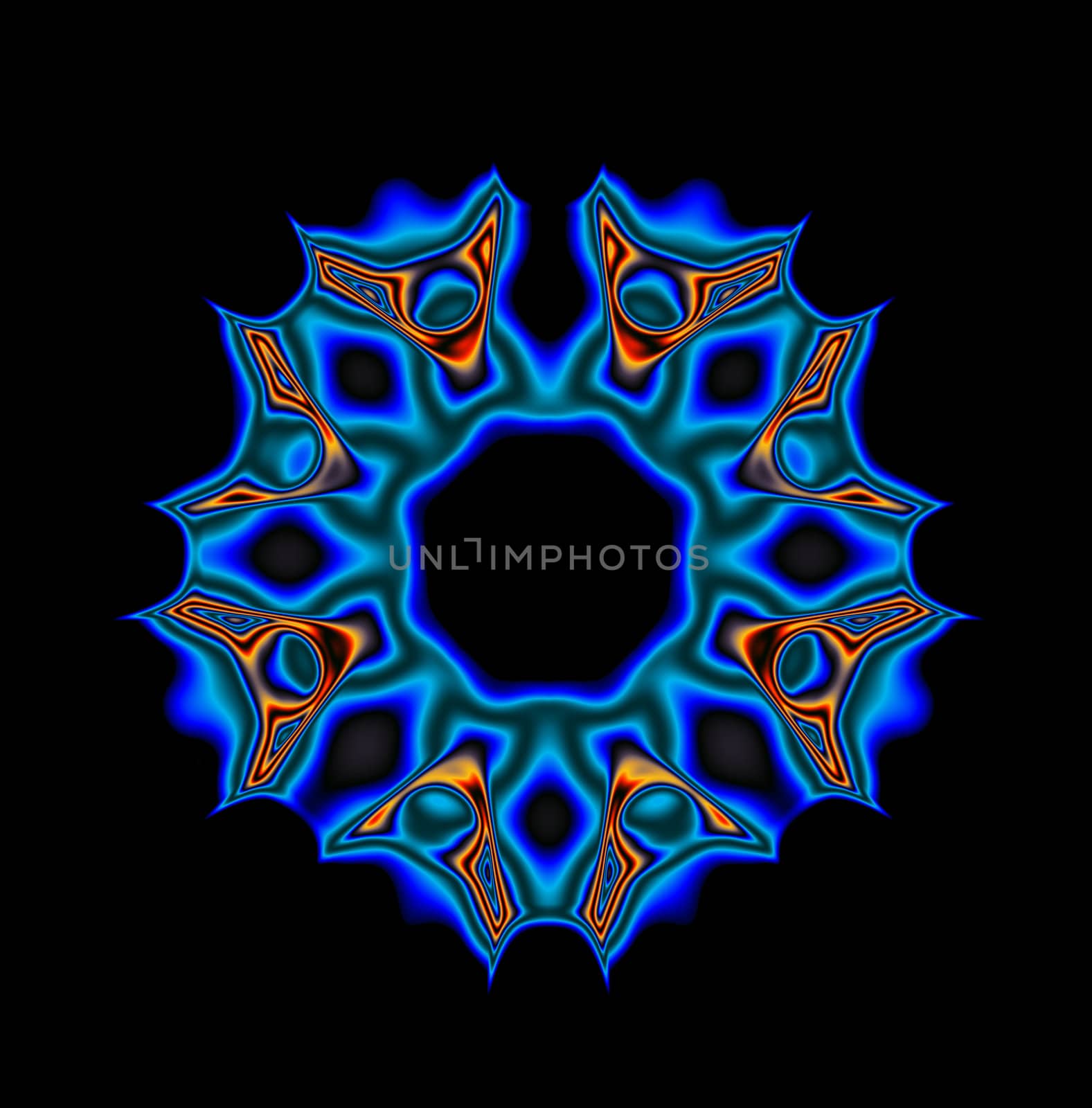 A circular abstract illustration in the shape of a medallion. It is done in shades of blue amd orange on a black background.