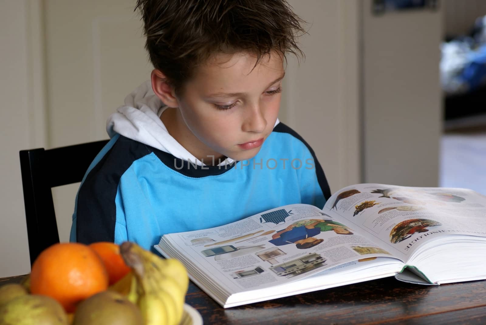 Young boy reading an encyclopedia.