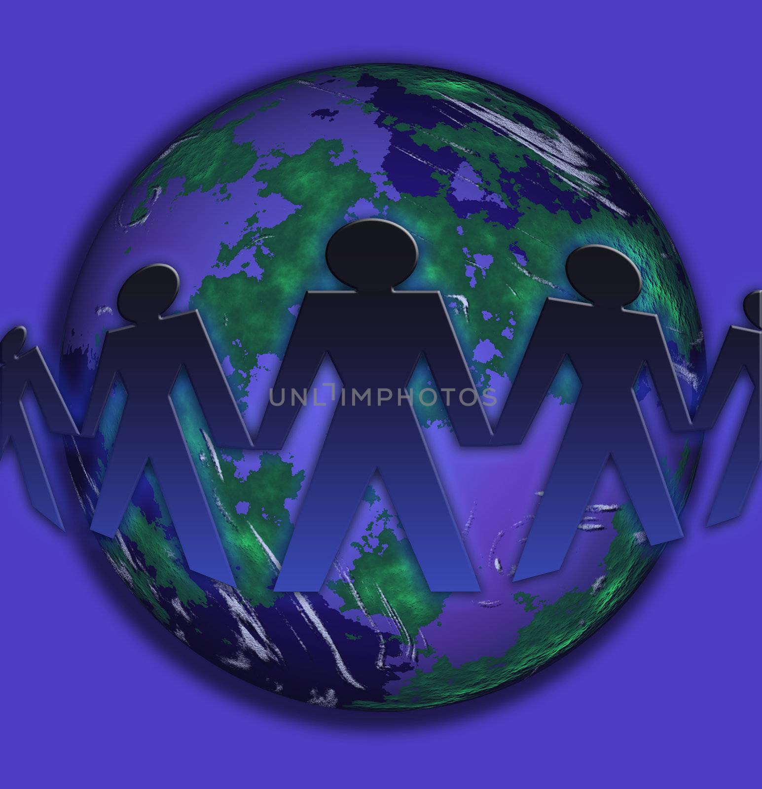 People holding hands in a circle of a planet