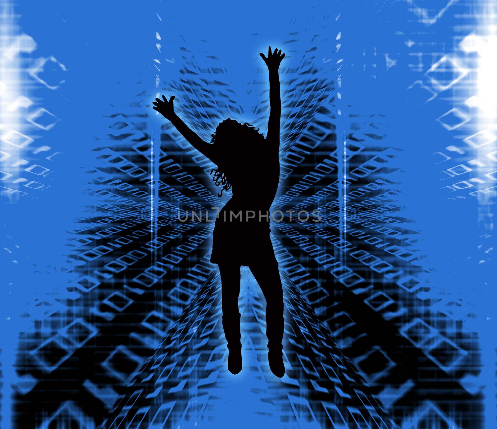 Silhouette of a female dancing on binary code background