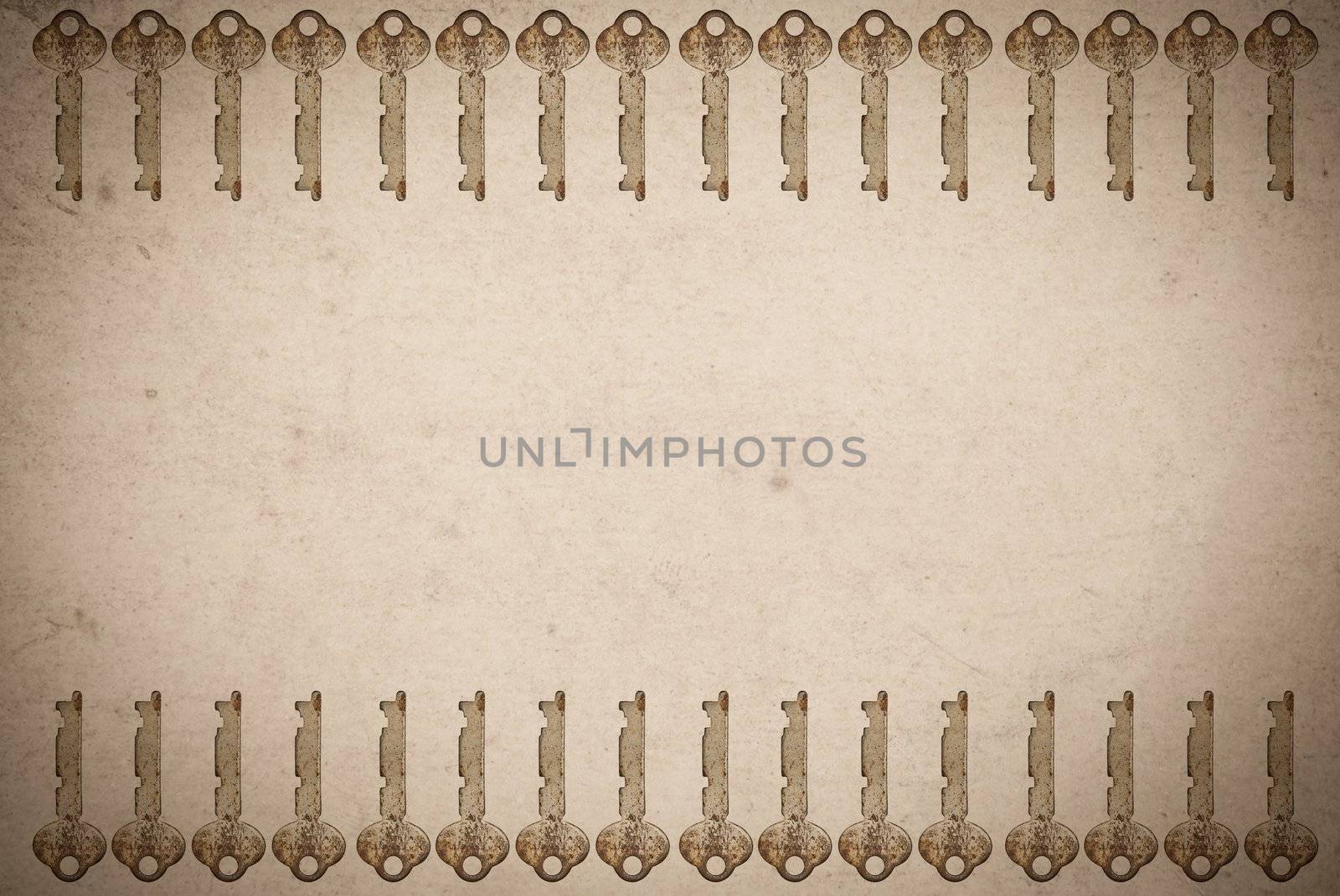 Rusty keys on old paper background with blended layers
