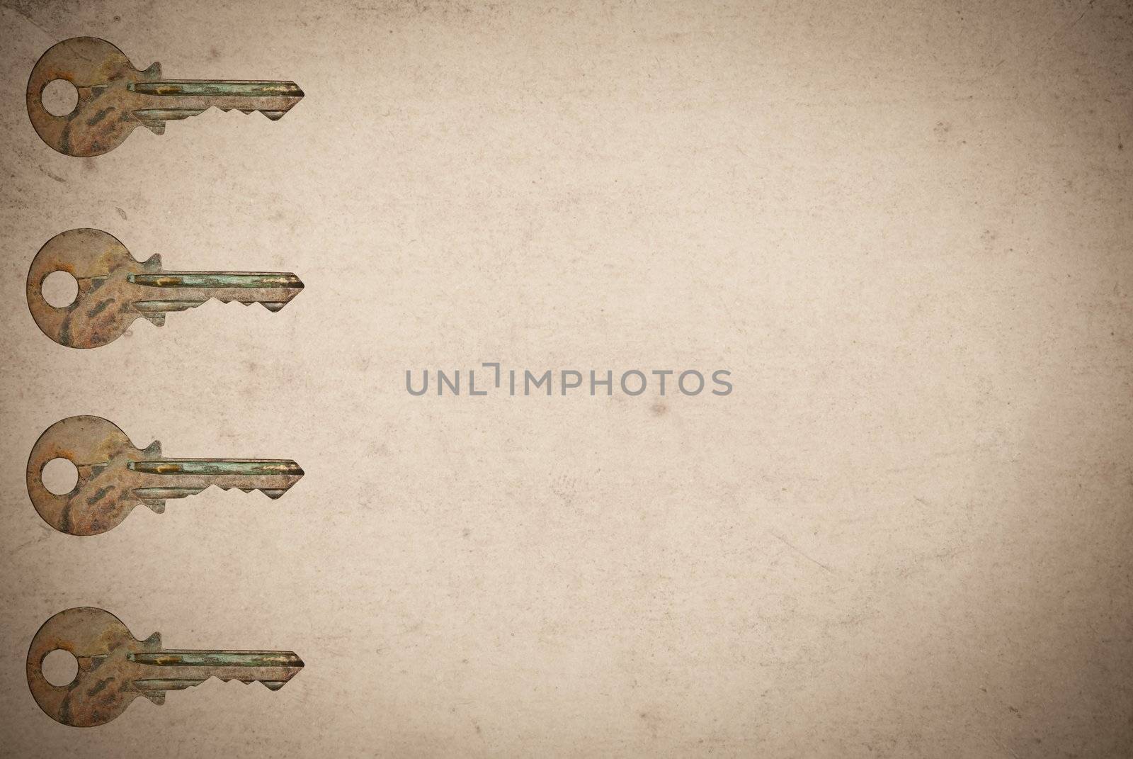 Rusty keys on old paper background with blended layers
