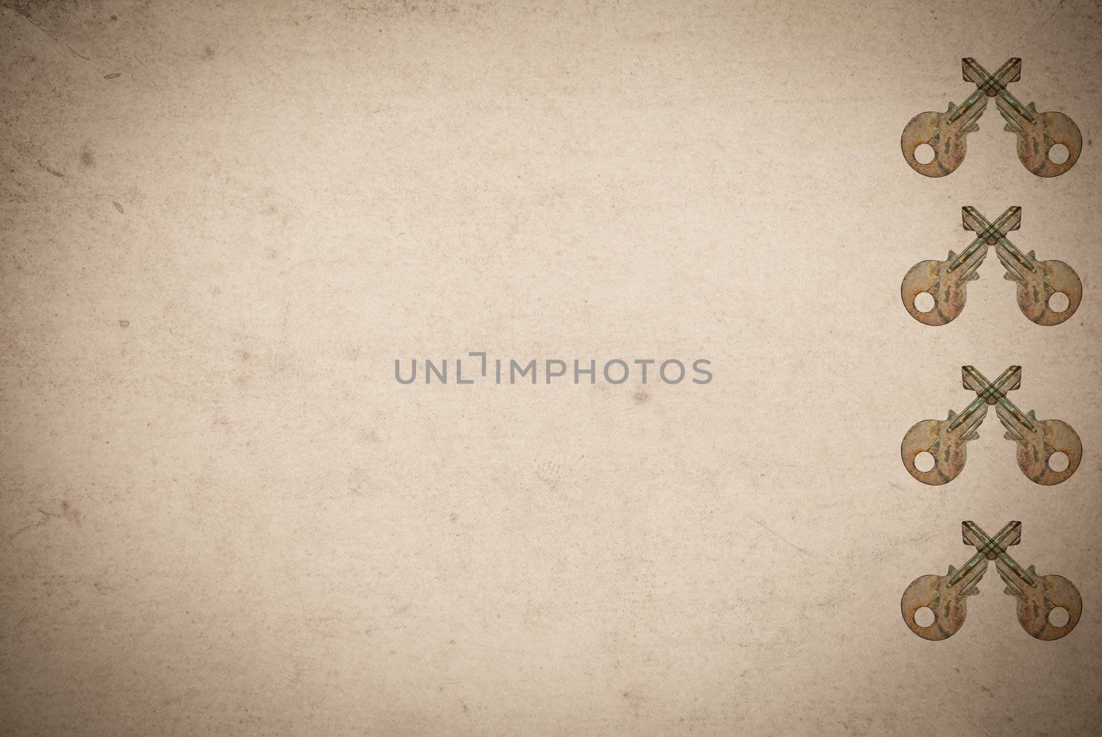 Rusty keys on old paper background with blended layers
