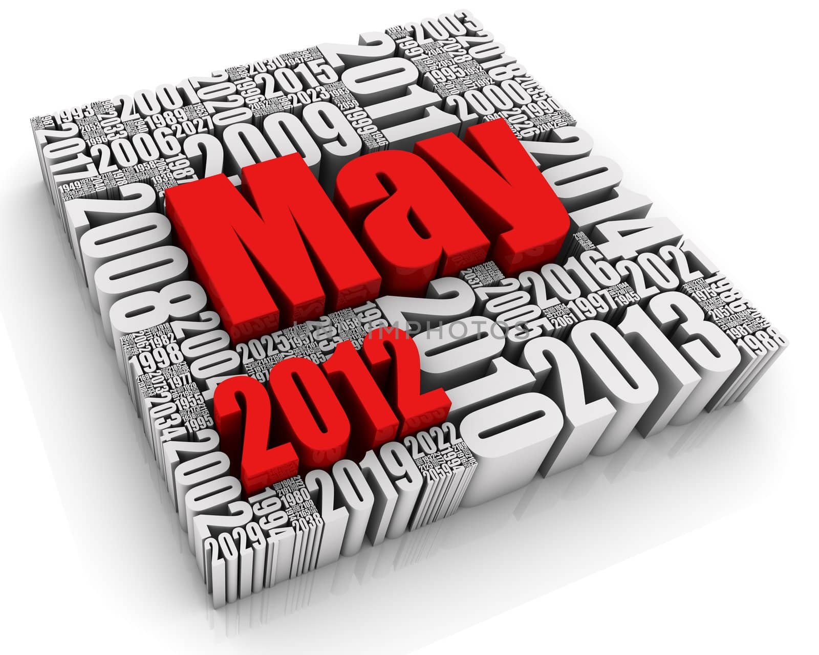 3D text with month surrounded by past and future dates. Part of a calendar set.