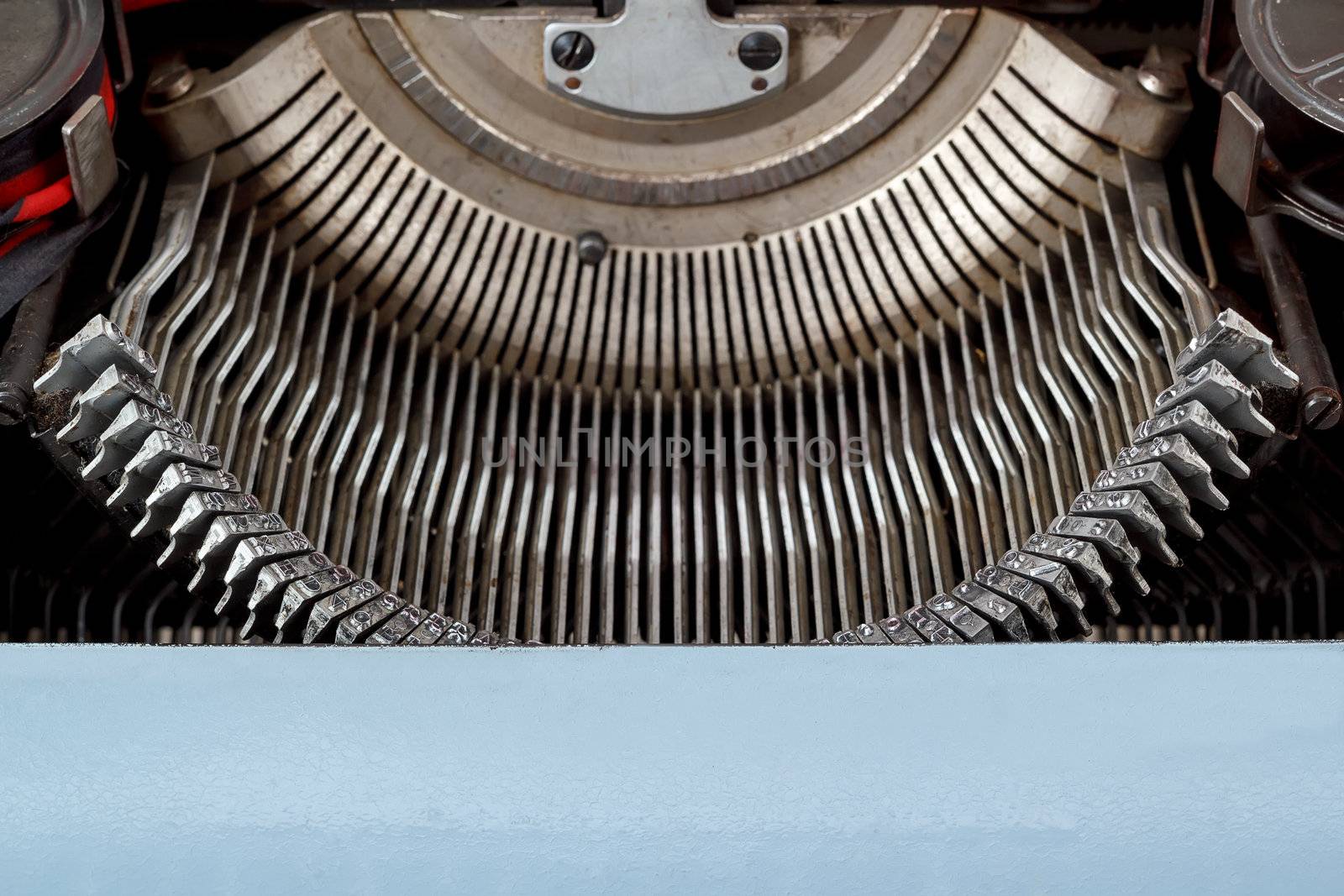 retro typewriter close up and letters mechanism