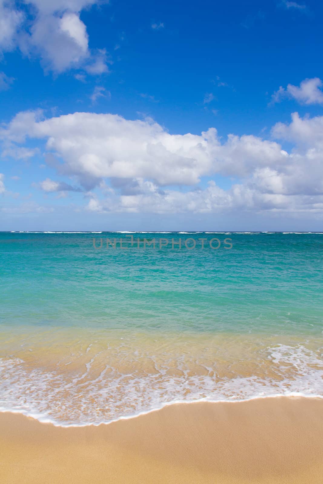 Beautiful tropical blue green water and a white sand beach on the north shore of Oahu in Hawaii. This image shows tropical paradise with a vacation getaway theme in a simple image.