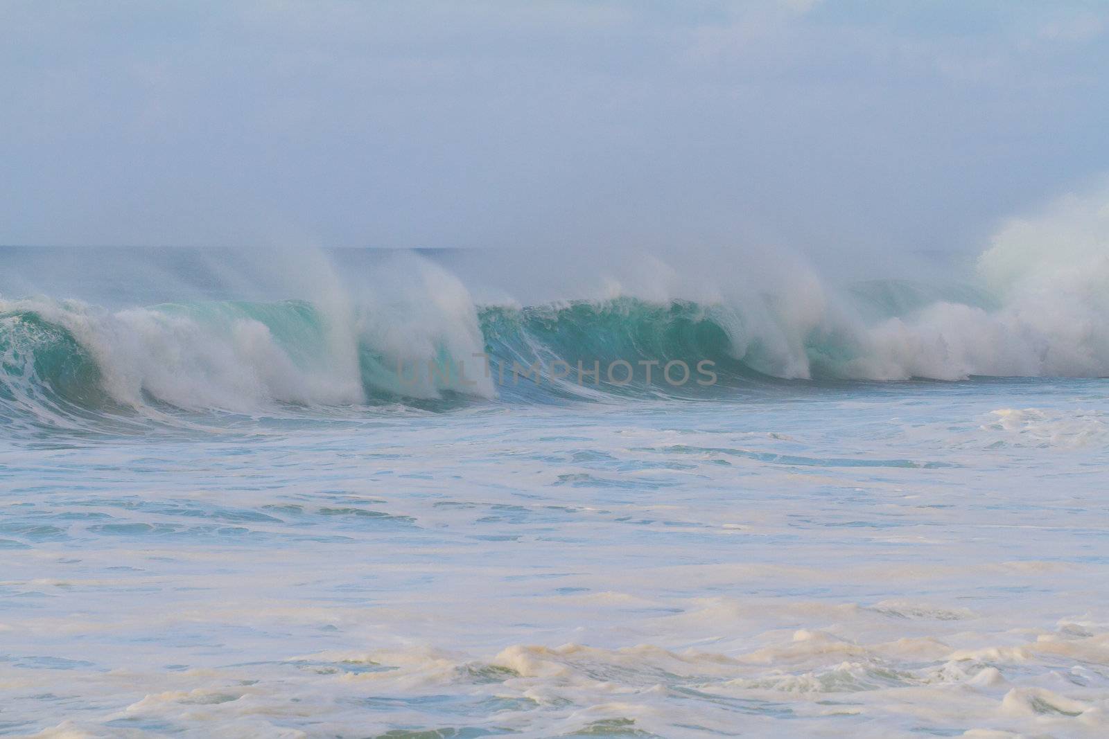 A giant wave breaking during a storm on the north shore of Oahu in Hawaii. These incredible waves have tons of white water and froth with hollow barrels and a dangerous rip current.