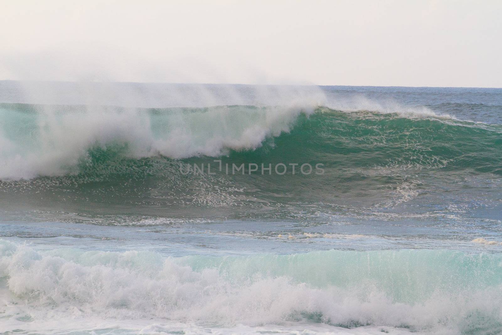 A giant wave breaking during a storm on the north shore of Oahu in Hawaii. These incredible waves have tons of white water and froth with hollow barrels and a dangerous rip current.
