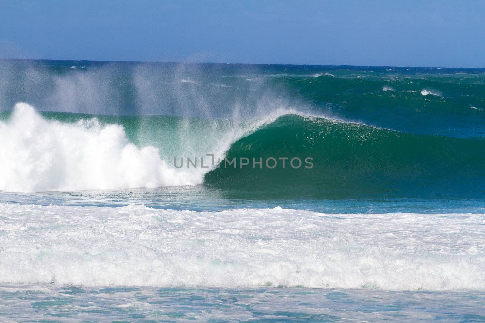 Large waves break off the north shore of oahu hawaii during a great time for surfers surfing. These waves have hollow barrells and are located at pipeline by sunset beach.