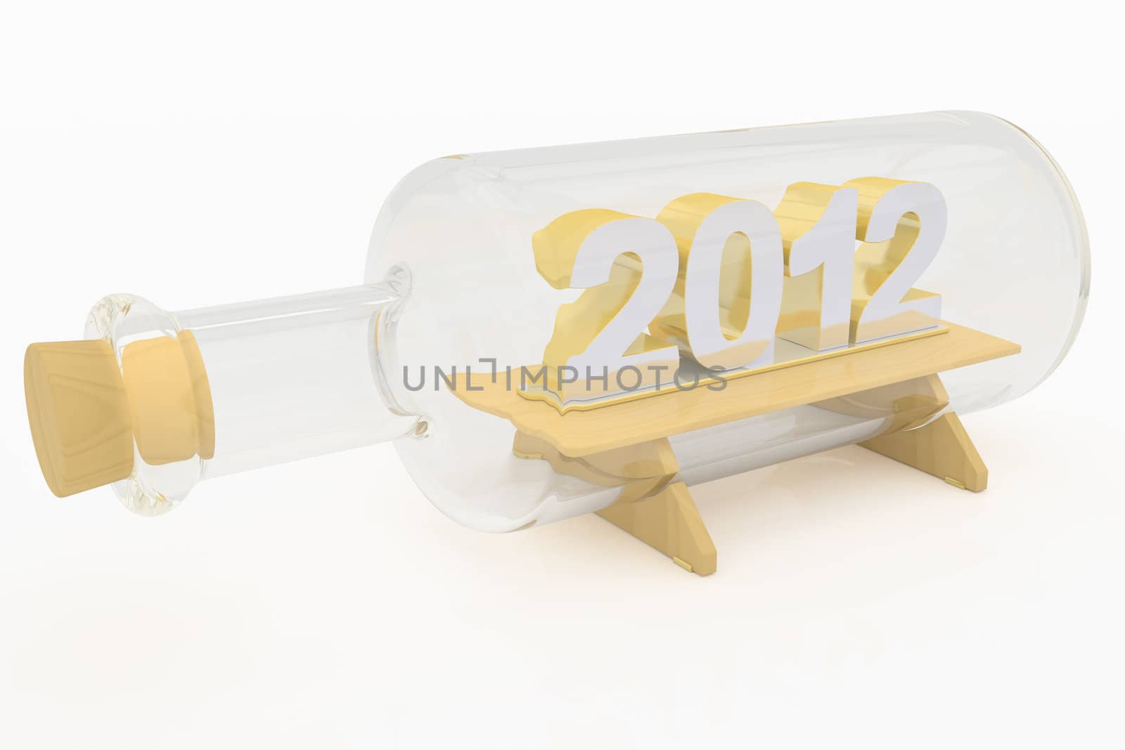 3d numerals "2012" of silver and gold on wooden pedestal in a glass bottle