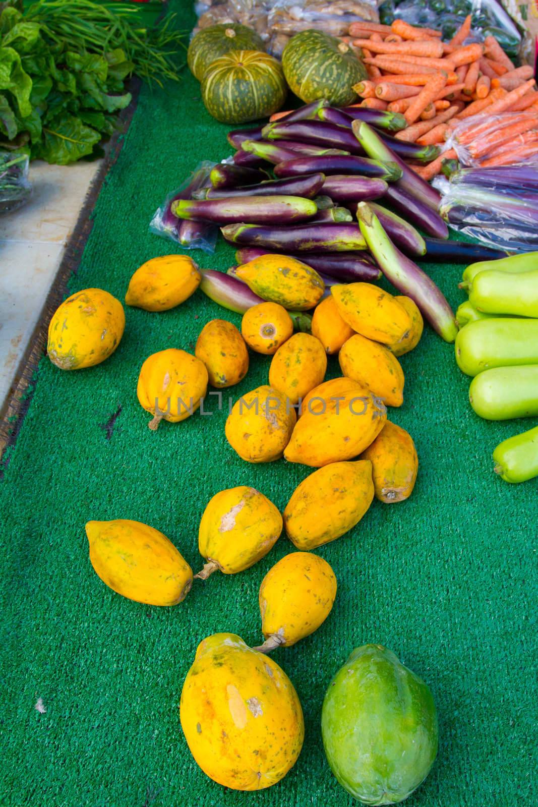 Images from a farmers market in Hawaii showing tropical fruits or vegetables in simple photos with vibrant colors.