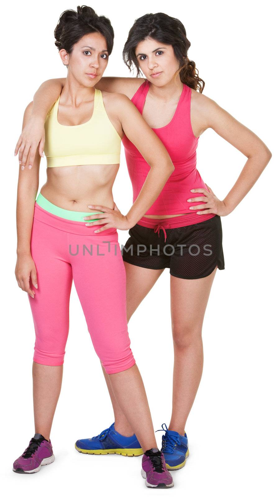 Latina siblings in workout clothes on white background