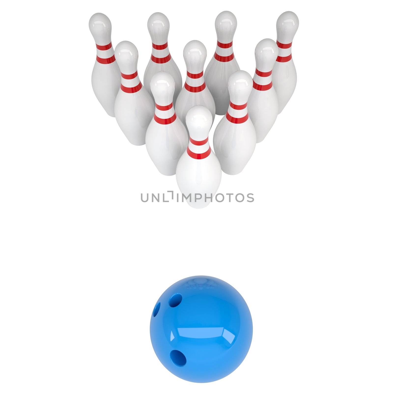 Skittles and blue bowling ball. Isolated render on a white background