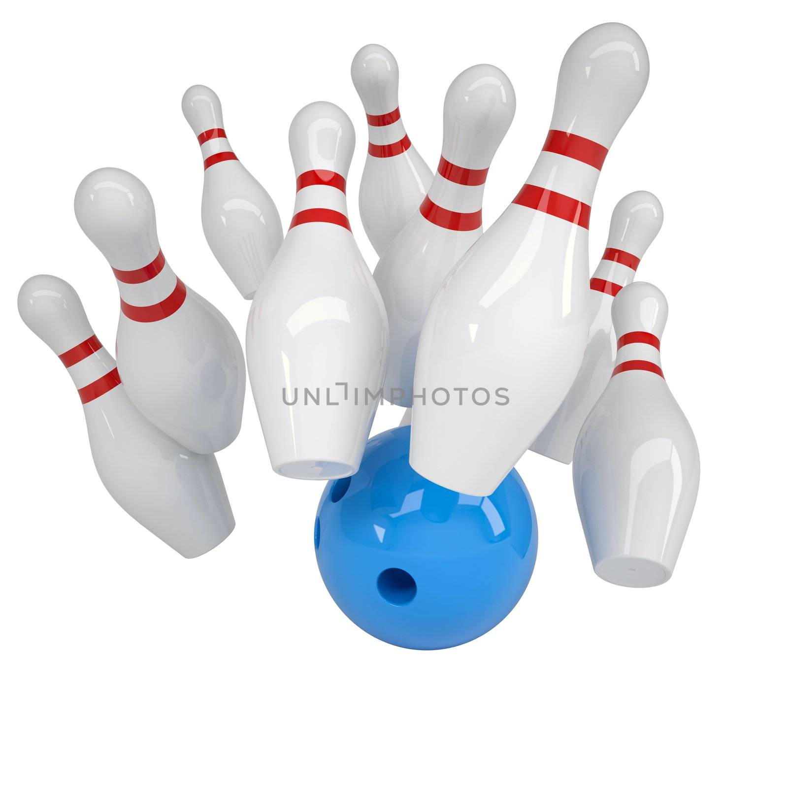Blue ball knocks down pins for bowling. Isolated render on a white background