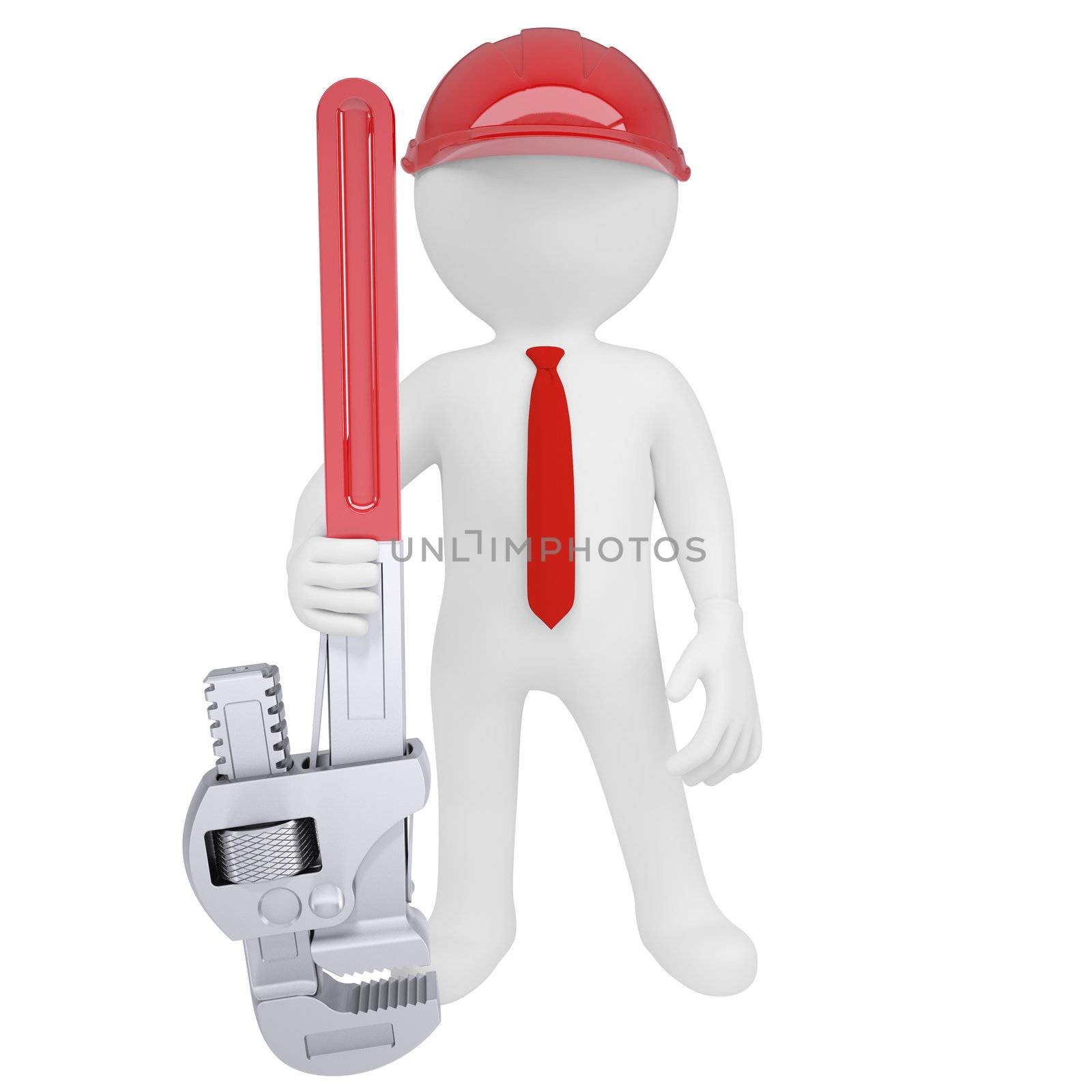 3D man holding a pipe wrench. Isolated render on a white background