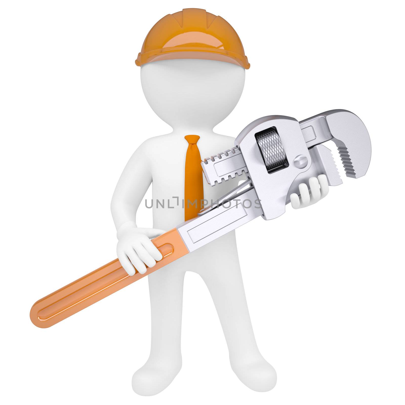 3D man holding a pipe wrench. Isolated render on a white background