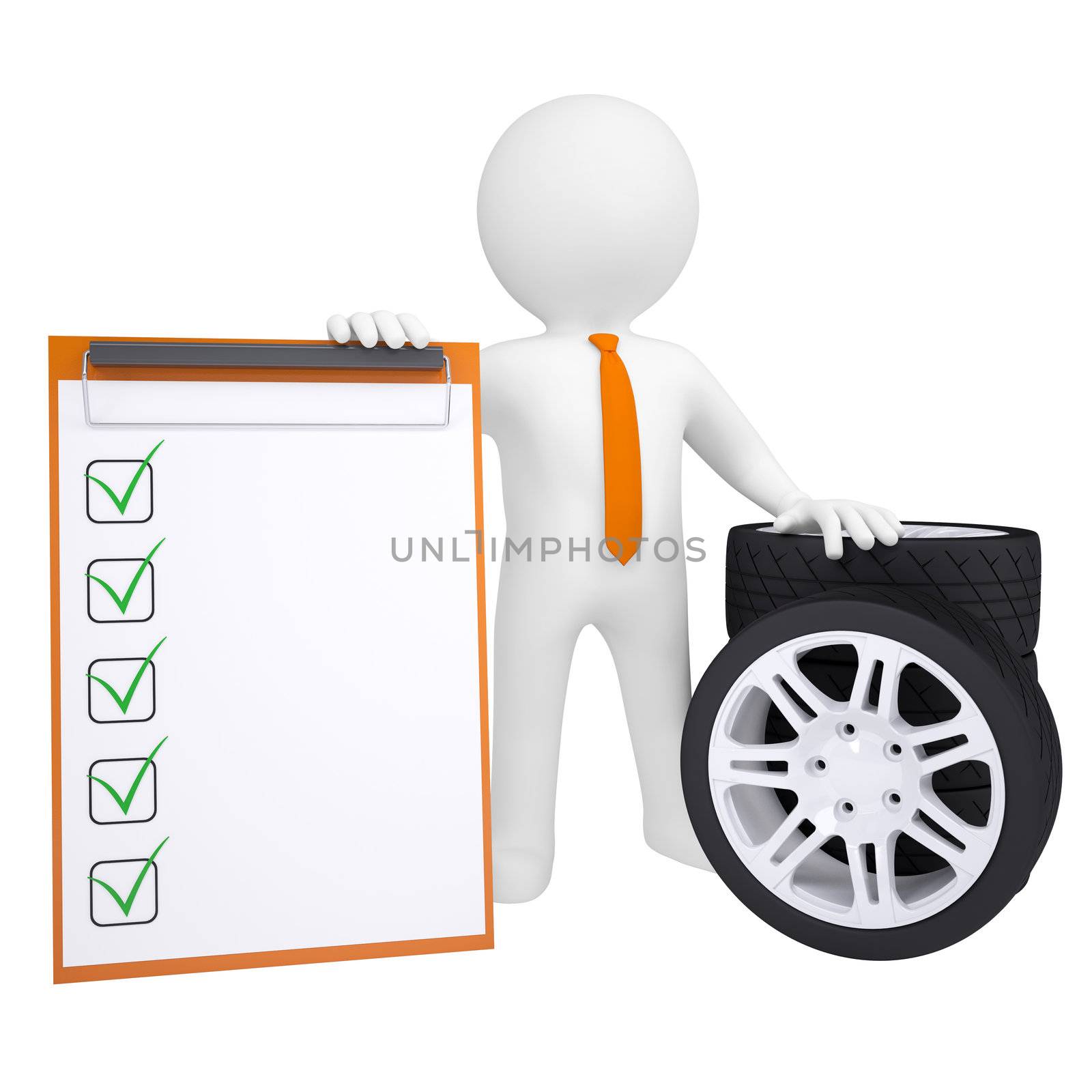 3D man holding a car wheel. Isolated render on a white background