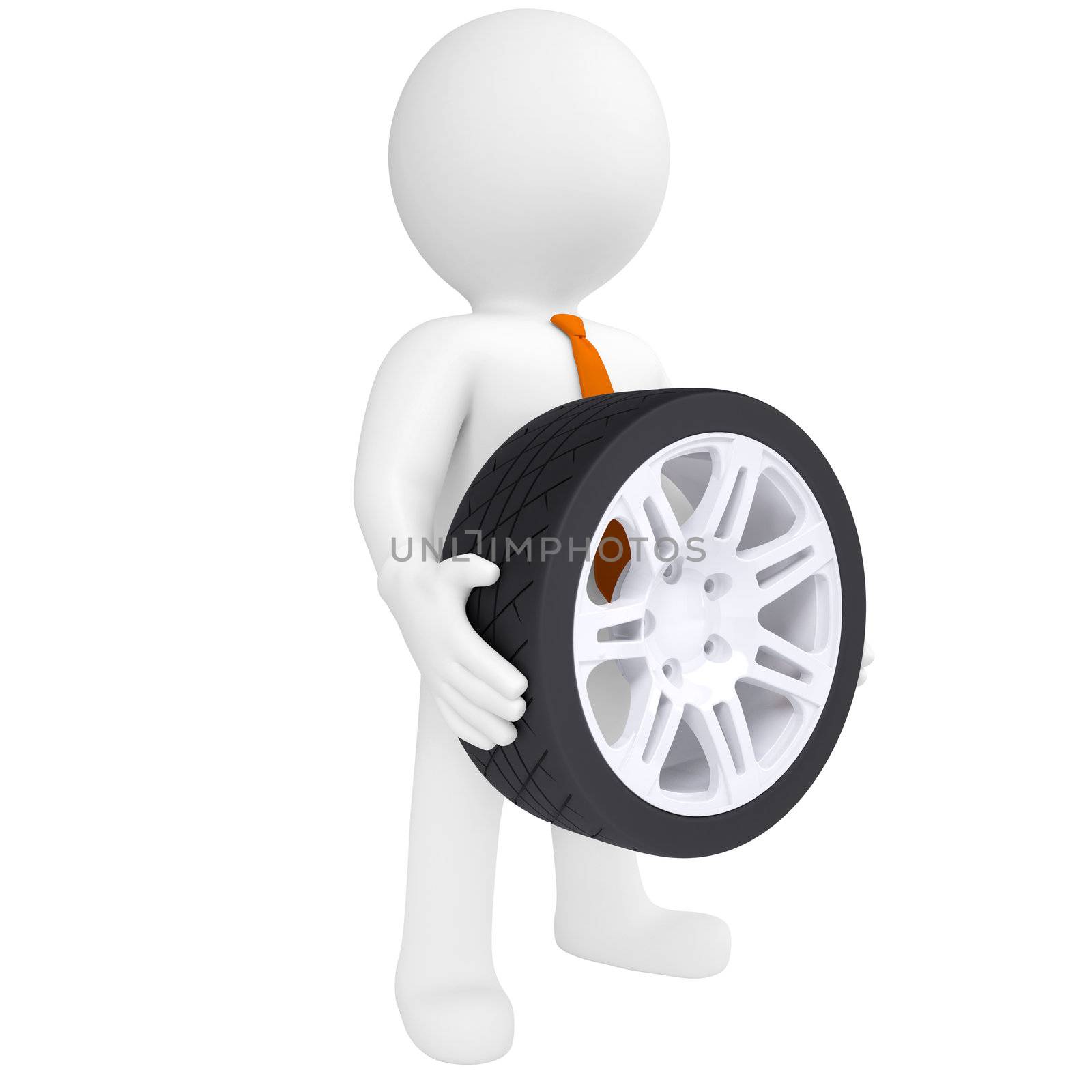 3D man holding a car wheel by cherezoff