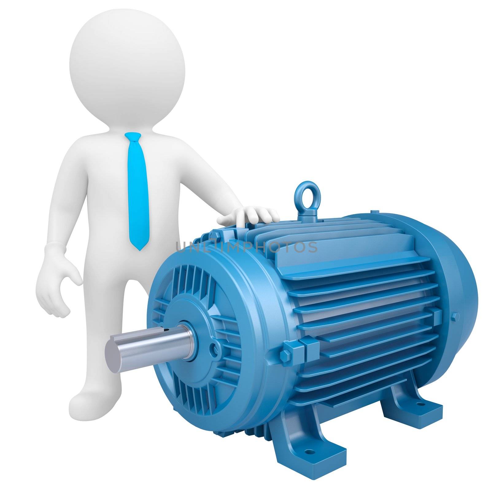 3D man standing next to the motor. Isolated render on a white background