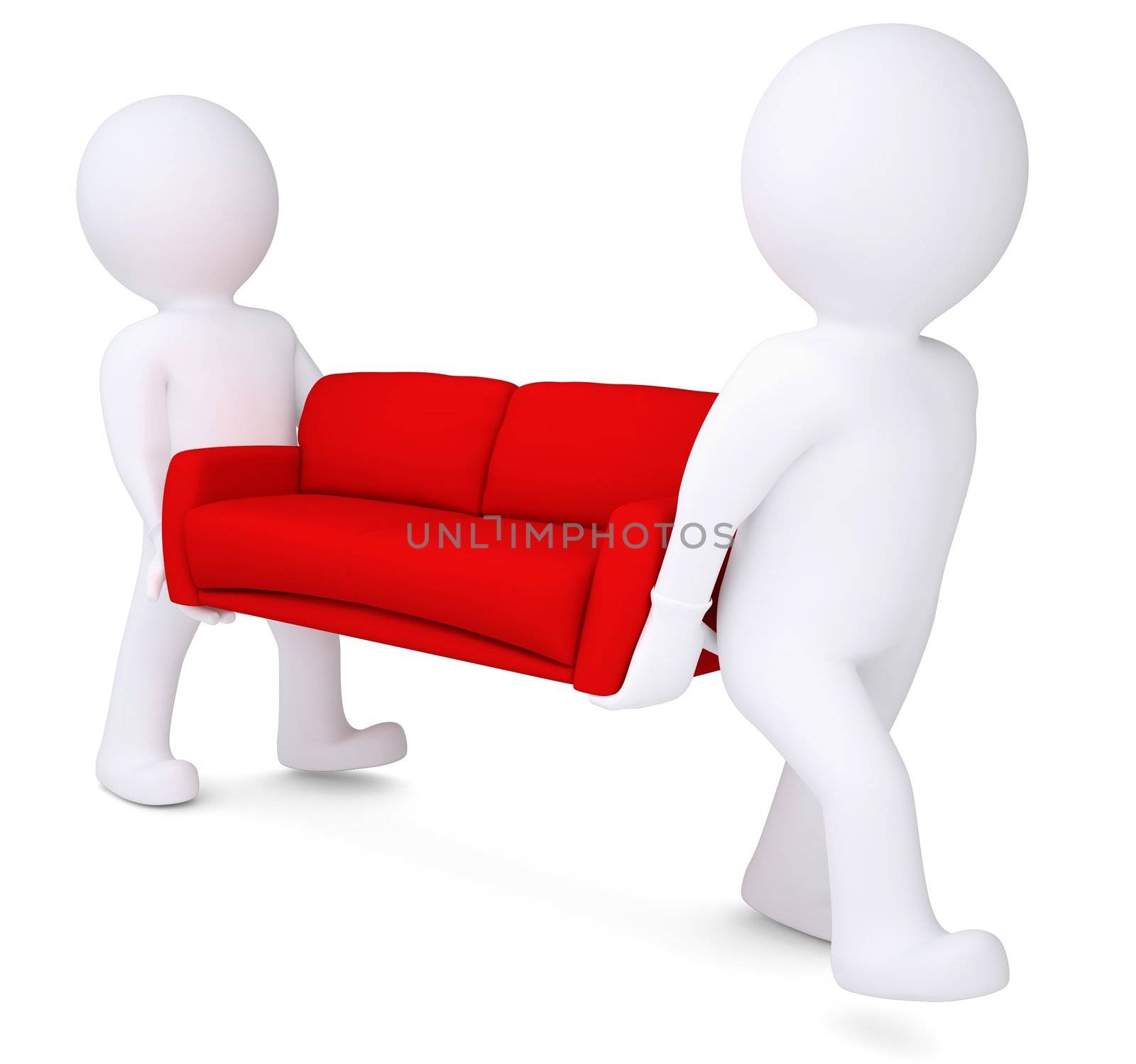 Two white 3d man bear red sofa. Isolated render on a white background