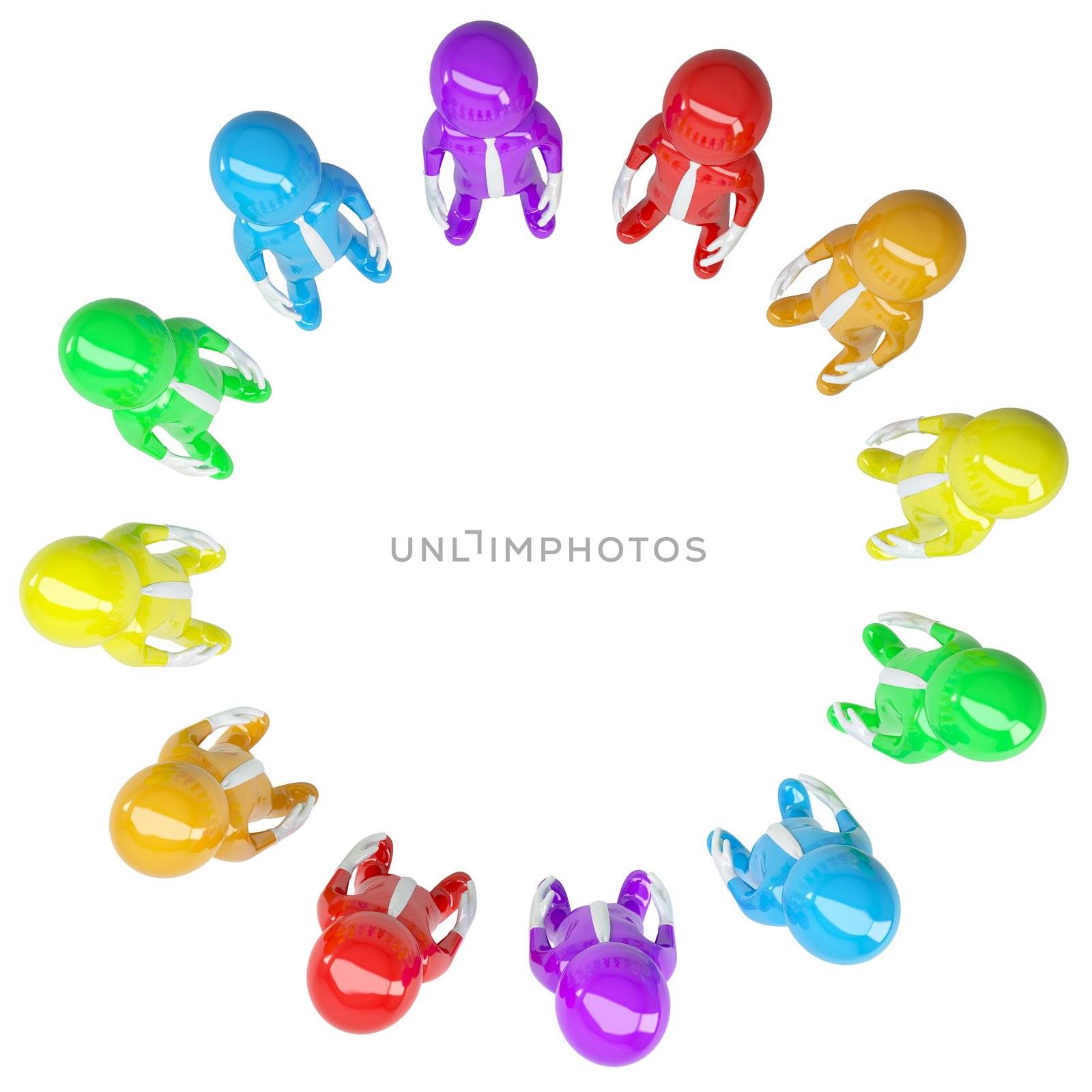 Colored people stood in a circle. Isolated render on a white background