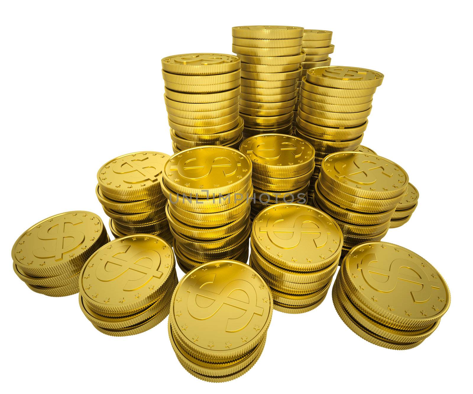 Pile gold coins. Isolated render on a white background
