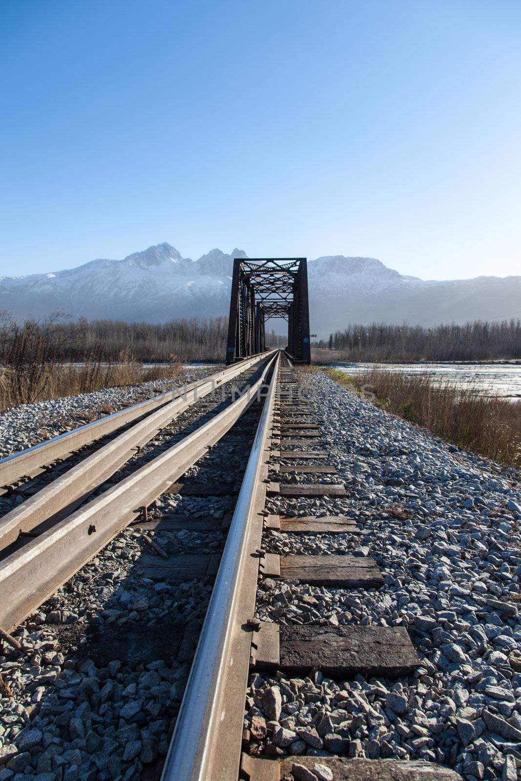 Narrow bridge spans river in Alaska.