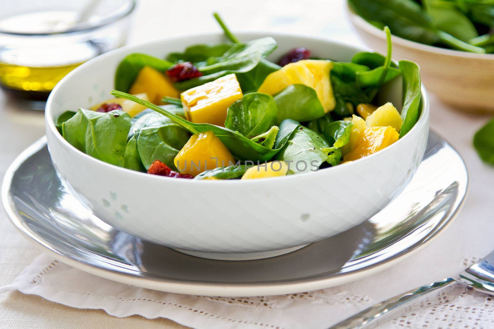 Mango and Pineapple with Spinach salad by vanillaechoes