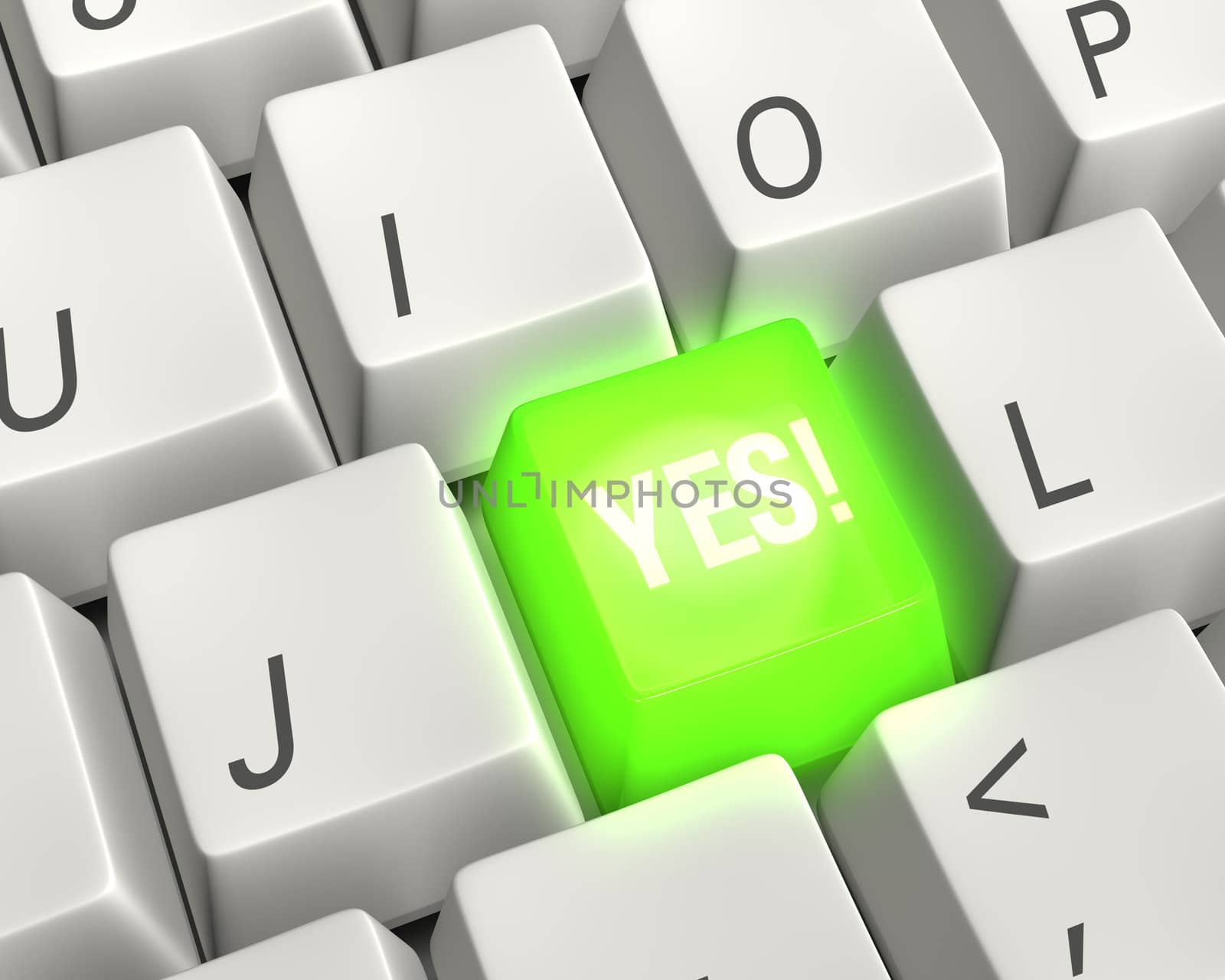 Close up photo-real illustration of a computer keyboard with a green glowing YES! key surrounded by other keys.