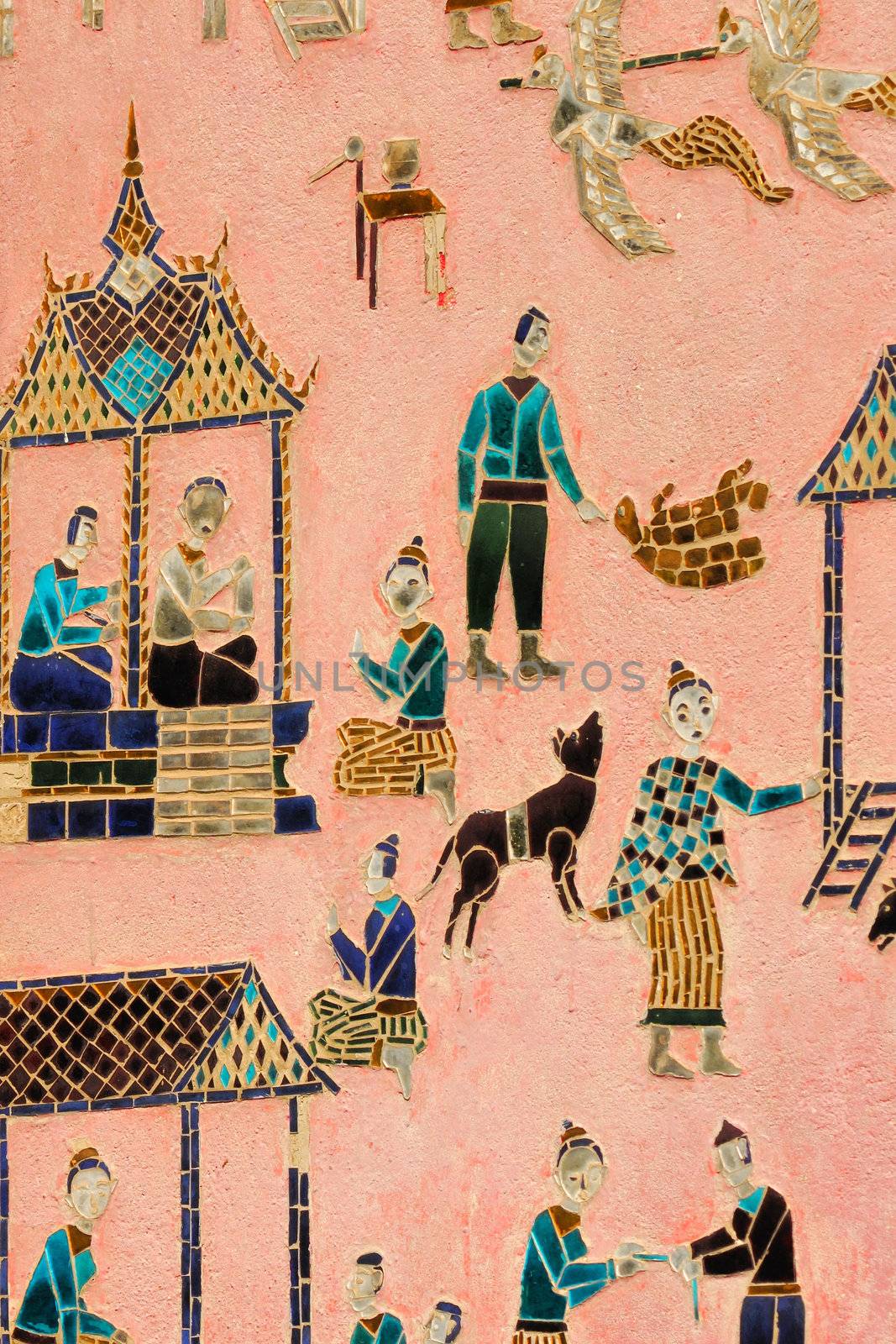 Detail of glass mosaic at wat xieng thong temple wall, Laos ,which is an important measure and is most beautiful.
