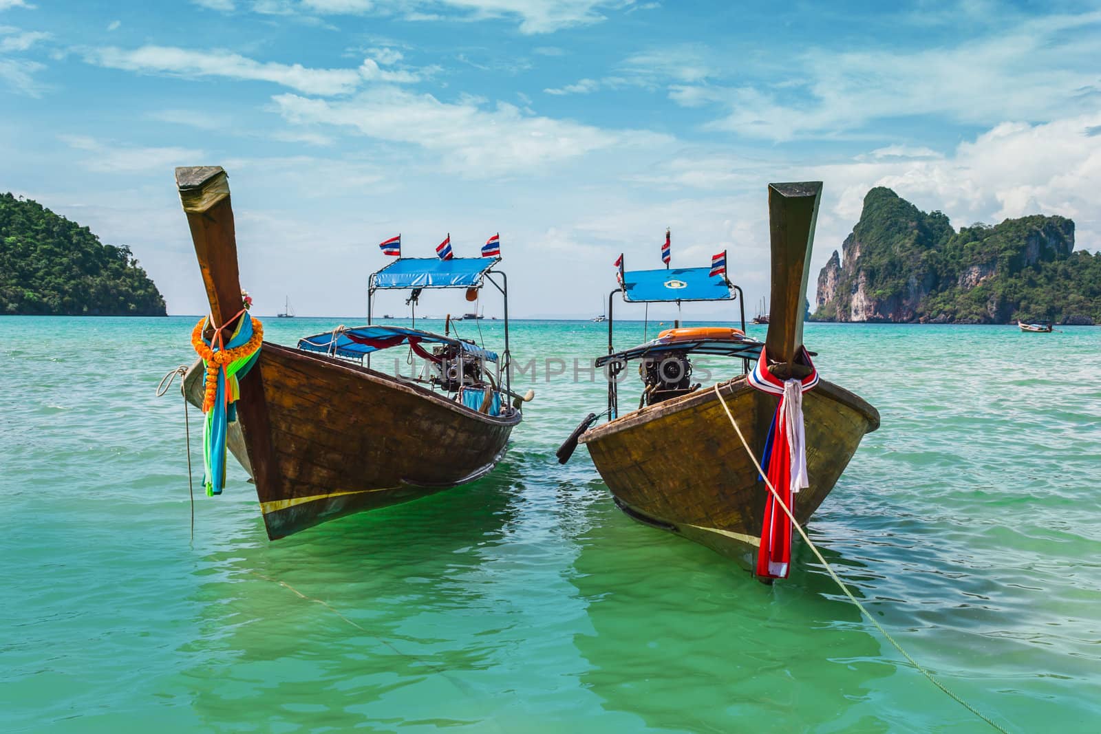 Boats at sea against the rocks in Thailand. Phi Phi Island