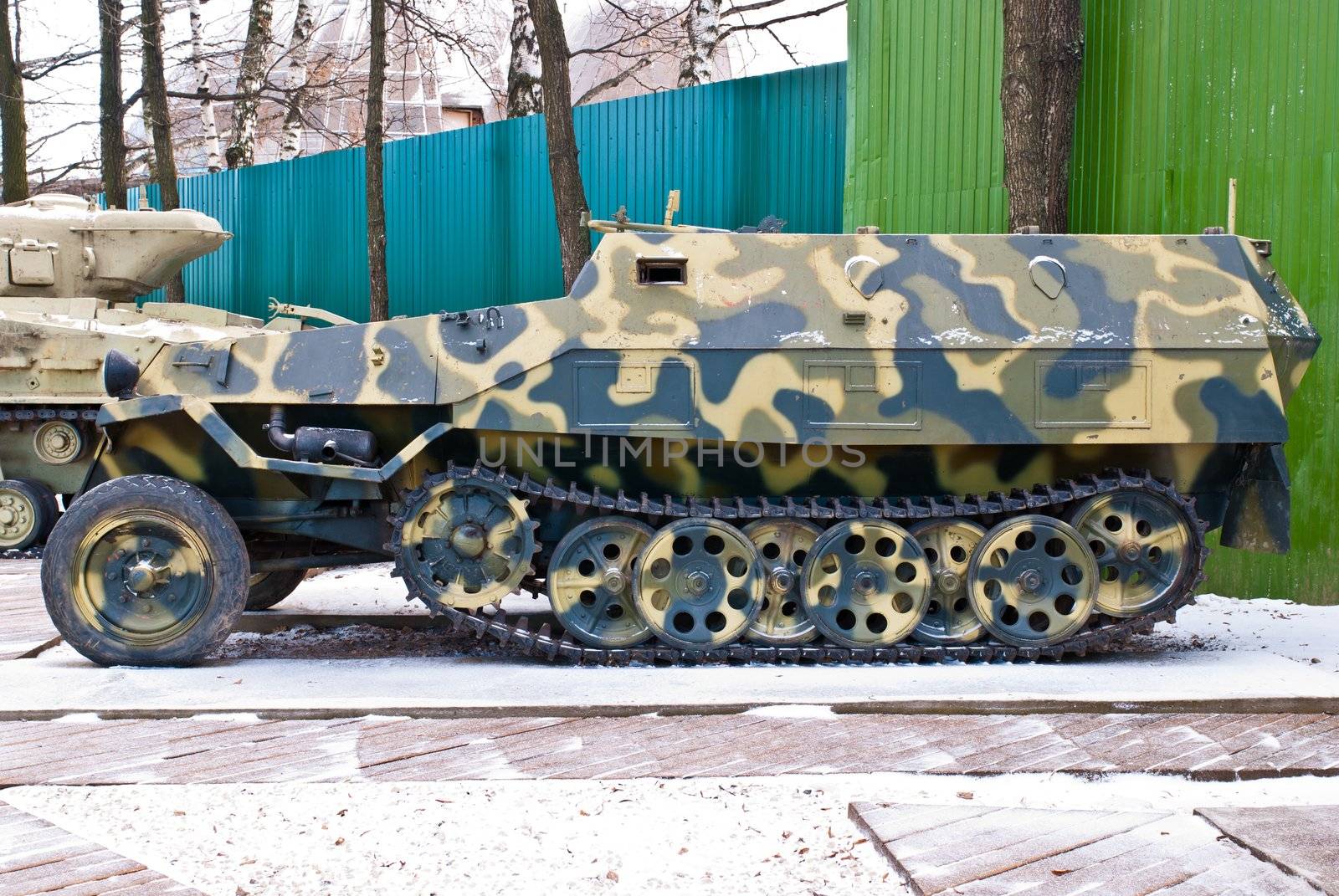 Old Russia military armored personnel carrier. Taken in winter morning.