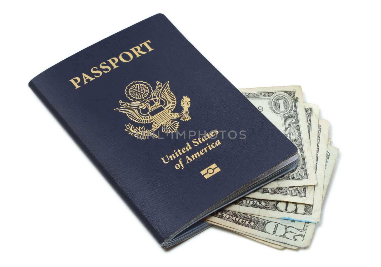 Passport of United States of America and Dollar bills isolated