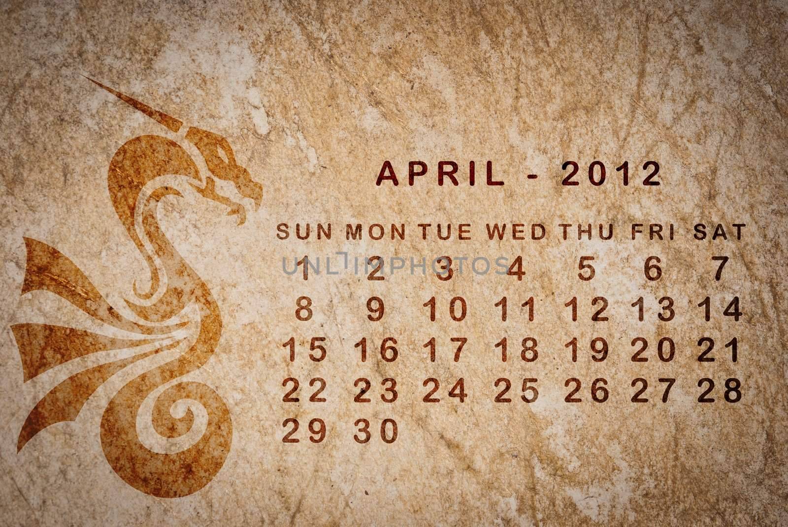 2012 year of the Dragon calendar on old vintage paper, April