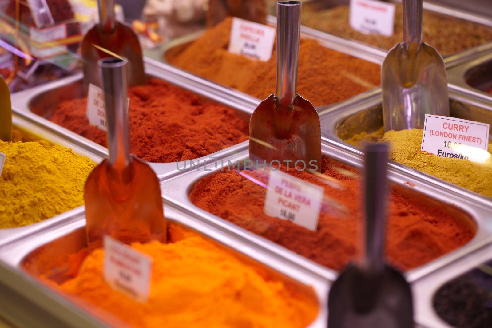 Traditional spices market at the la Boqueria market in Barcelona.