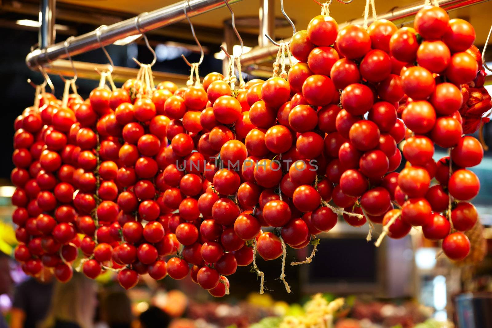 Tomatoes at a stand in the Boqueria Market, in Barcelona, Spain.